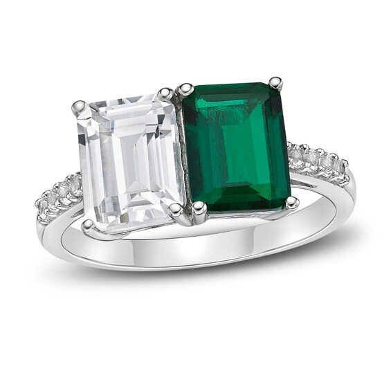 Lab-Created Emerald & White Lab-Created Sapphire Ring Sterling Silver