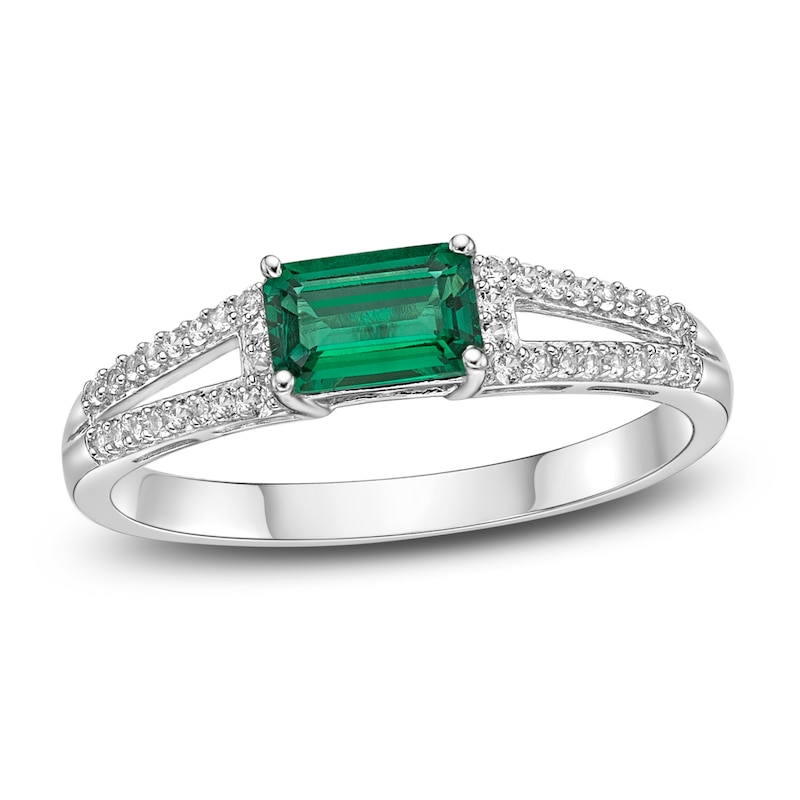 Main Image 1 of Lab-Created Emerald & White Lab-Created Sapphire Ring Sterling Silver