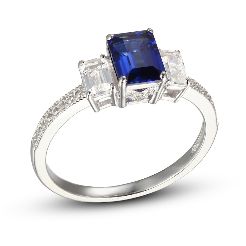 Main Image 1 of Blue & White Lab-Created Sapphire Three-Stone Ring Sterling Silver