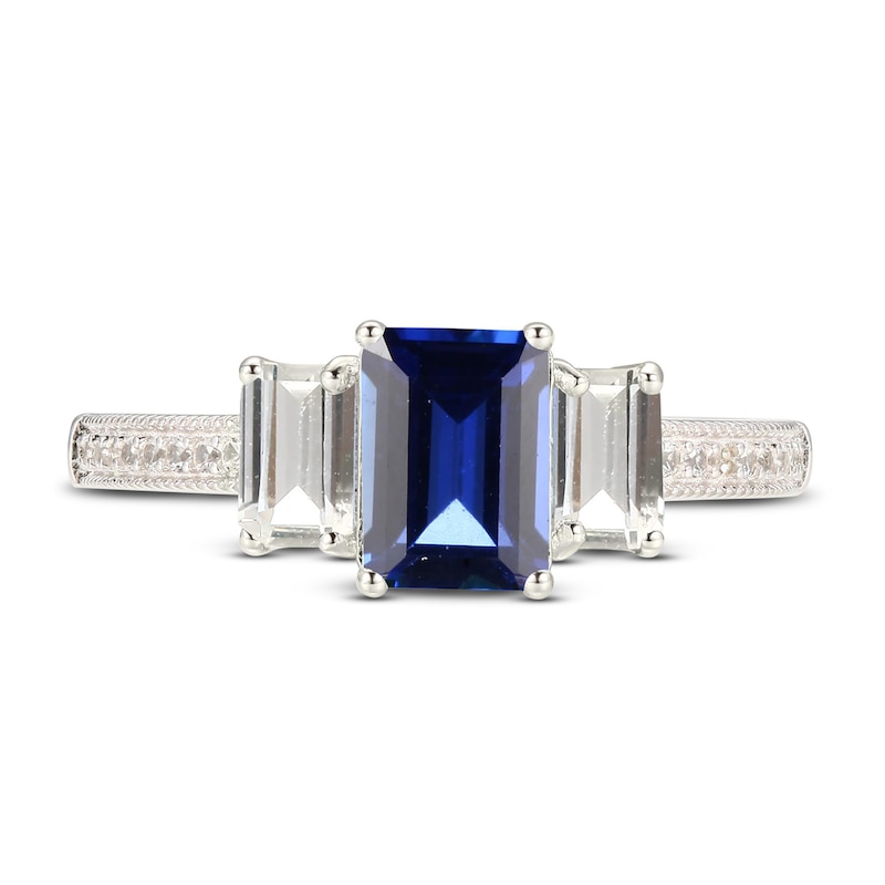 Blue & White Lab-Created Sapphire Three-Stone Ring Sterling Silver