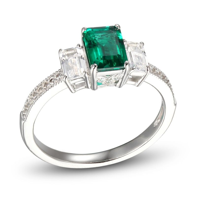 Main Image 1 of Lab-Created Emerald & White Lab-Created Sapphire Three-Stone Ring Sterling Silver