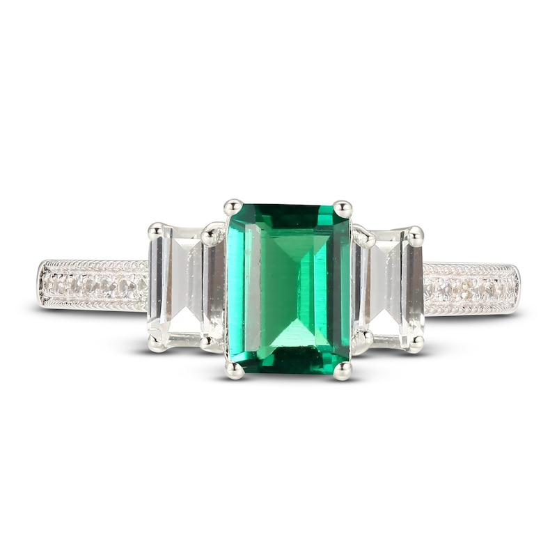 Main Image 2 of Lab-Created Emerald & White Lab-Created Sapphire Three-Stone Ring Sterling Silver