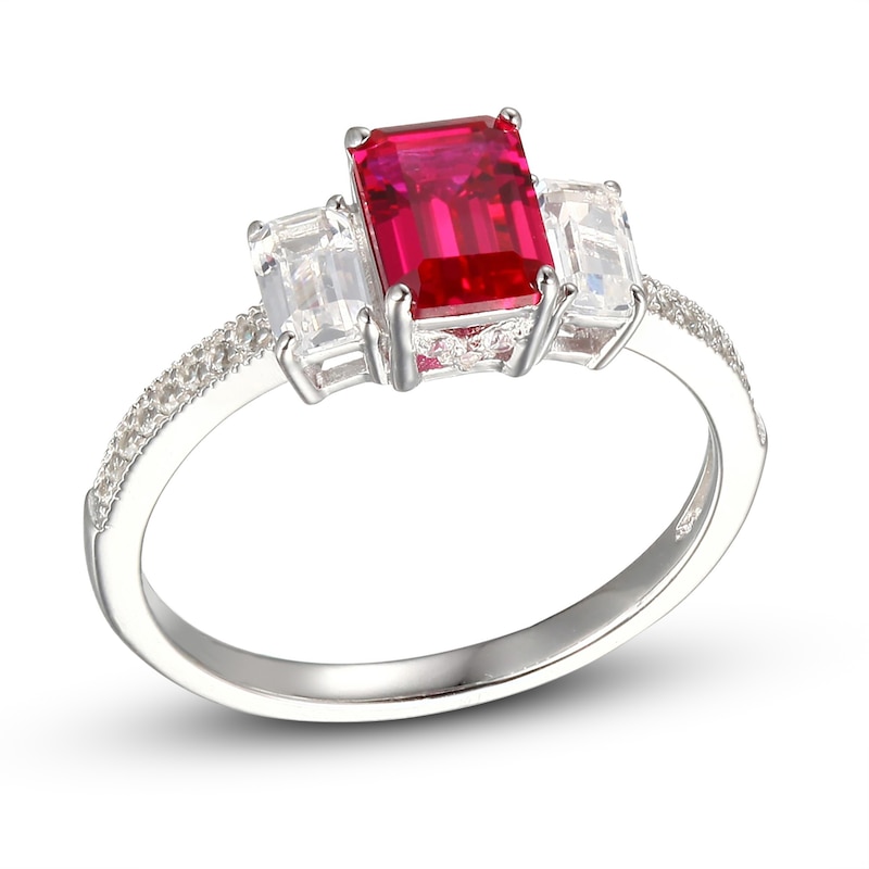 Main Image 1 of Lab-Created Ruby & White Lab-Created Sapphire Three-Stone Ring Sterling Silver