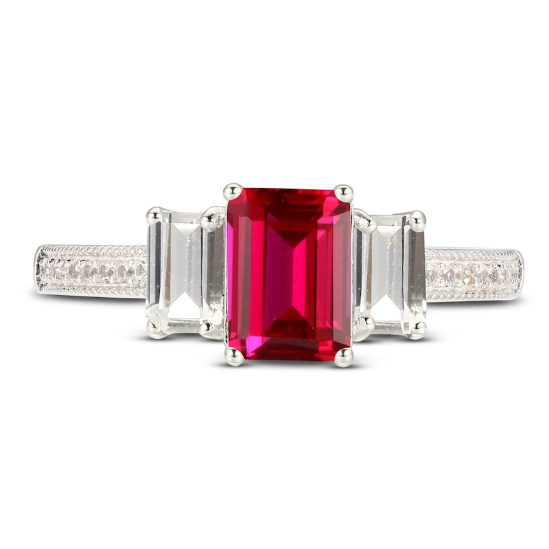 Main Image 2 of Lab-Created Ruby & White Lab-Created Sapphire Three-Stone Ring Sterling Silver