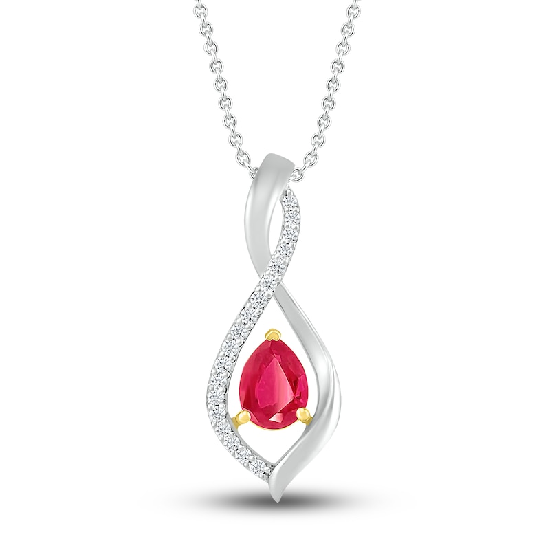 Lab-Created Ruby & White Lab-Created Sapphire Necklace Sterling Silver & 10K Yellow Gold 18"