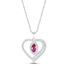 Lab-Created Ruby & White Lab-Created Sapphire Heart Necklace Sterling Silver 18"