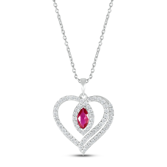 Lab-Created Ruby & White Lab-Created Sapphire Heart Necklace Sterling Silver 18"