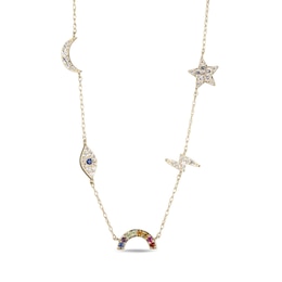 Natural & Lab-Created Gemstone Rainbow Necklace 10K Yellow Gold 18"