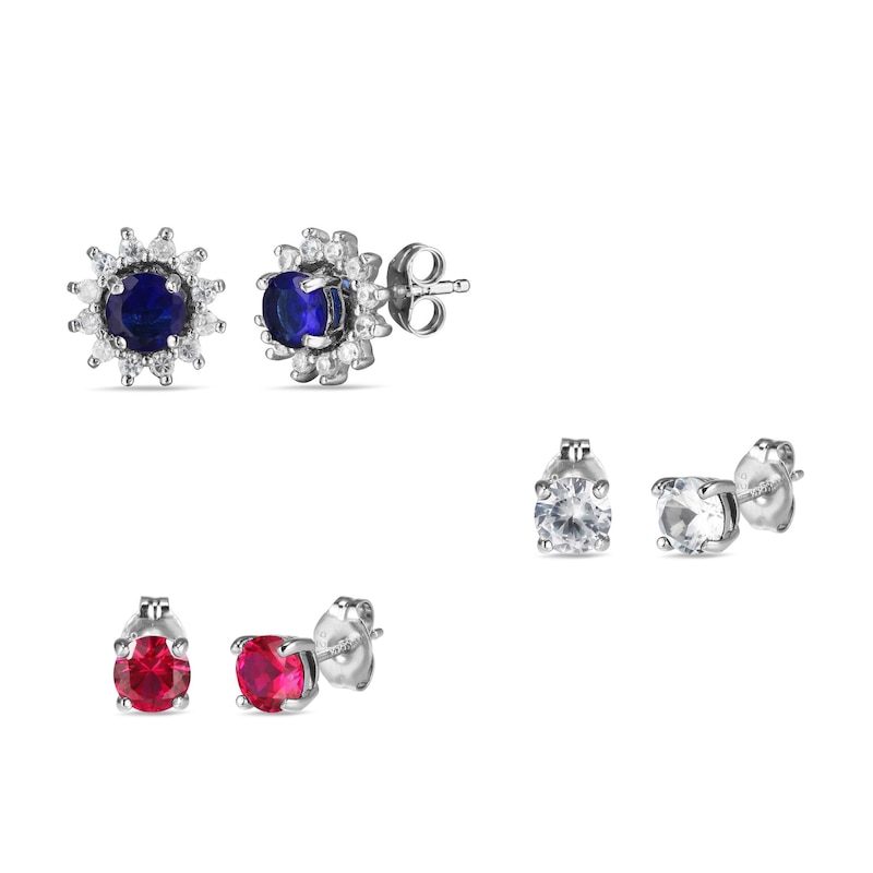 Main Image 1 of Blue & White Lab-Created Sapphire & Lab-Created Ruby Earrings Set Sterling Silver