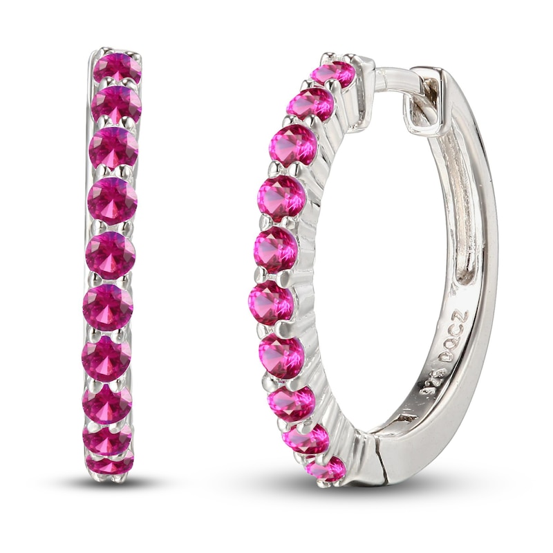 Main Image 1 of Lab-Created Ruby Dainty Hoop Earrings Sterling Silver