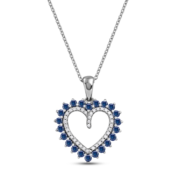 Blue Sapphire & Diamond Heart Necklace 1/10 ct tw Round-cut 10K White Gold 18"