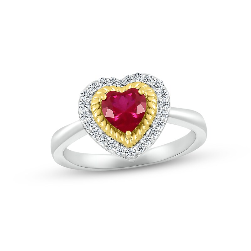 Lab-Created Ruby & White Lab-Created Sapphire Heart Rope Ring Sterling Silver & 10K Yellow Gold