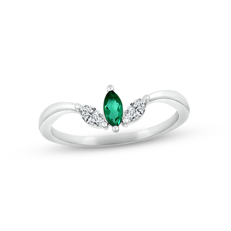 Main Image 1 of Lab-Created Emerald & White Lab-Created Sapphire Three-Stone Ring Sterling Silver