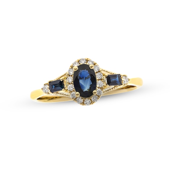 Blue Sapphire & Diamond Ring 1/8 ct tw Round-cut 10K Yellow Gold