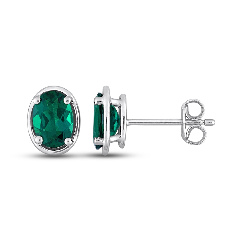 Main Image 1 of Lab-Created Emerald Oval Stud Earrings Sterling Silver
