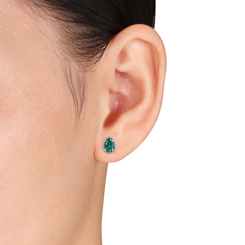 Lab-Created Emerald Oval Stud Earrings Sterling Silver