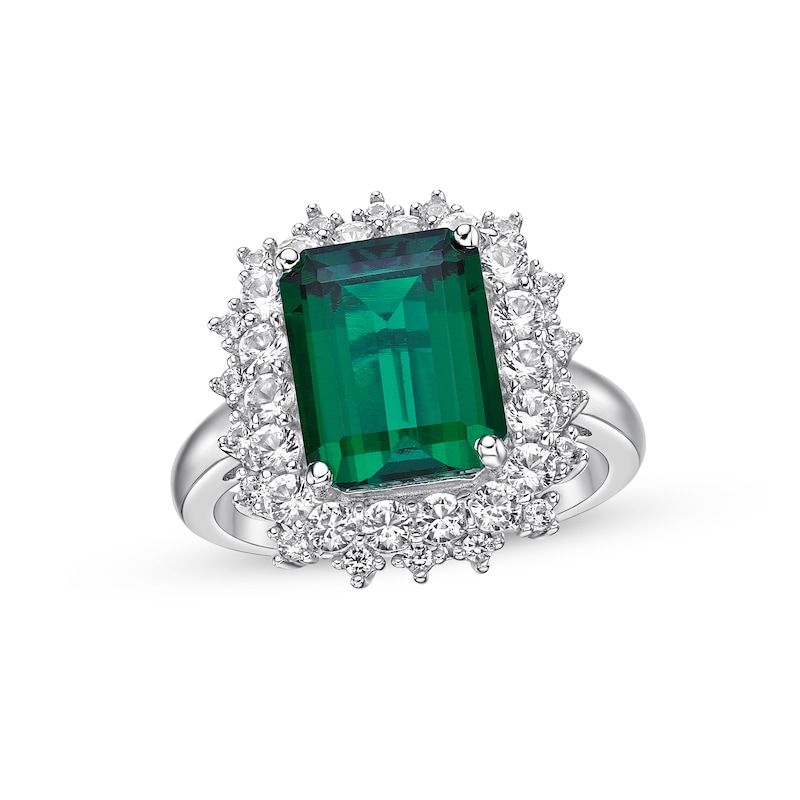 Lab-Created Emerald & White Lab-Created Sapphire Cocktail Ring Sterling Silver