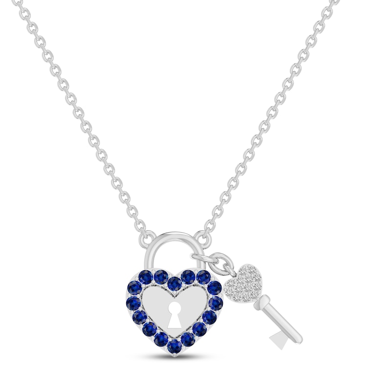 Main Image 1 of Blue & White Lab-Created Sapphire Heart Lock & Key Necklace Sterling Silver 18&quot;