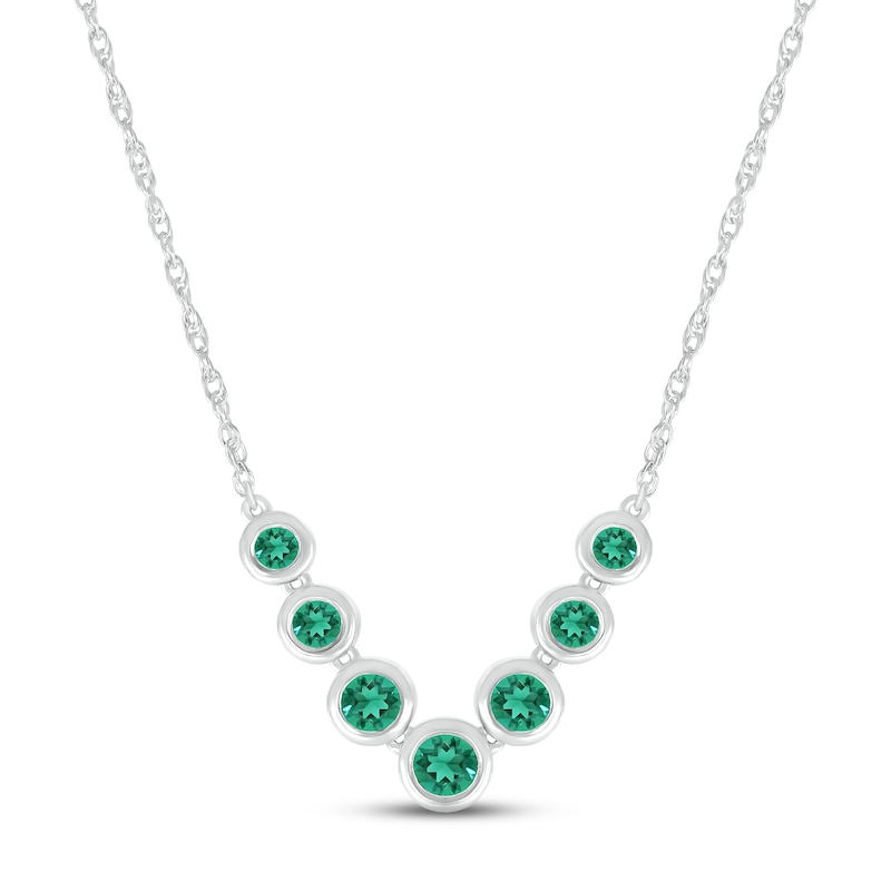 Lab-Created Emerald Bezel V Necklace Sterling Silver 18"