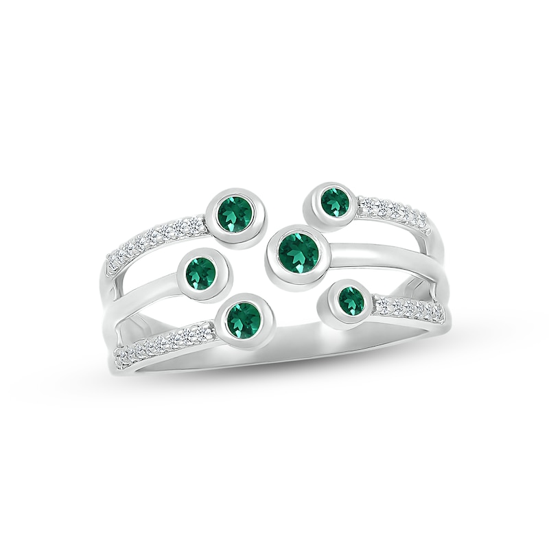 Lab-Created Emerald & White Lab-Created Sapphire Bezel Deconstructed Ring Sterling Silver
