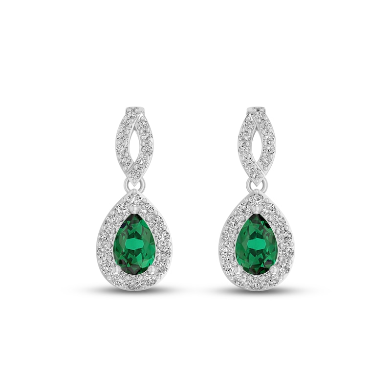 Lab-Created Emerald & White Lab-Created Sapphire Dangle Earrings Sterling Silver