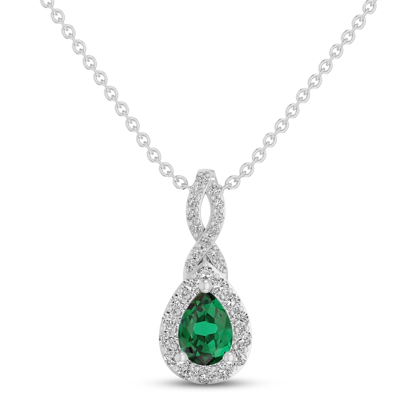 Main Image 1 of Lab-Created Emerald & White Lab-Created Sapphire Necklace Sterling Silver 18&quot;