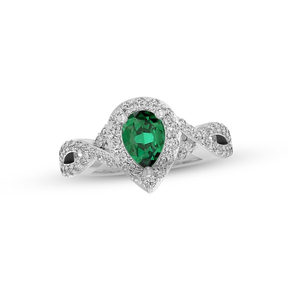 Lab-Created Emerald & White Lab-Created Sapphire Ring Sterling Silver