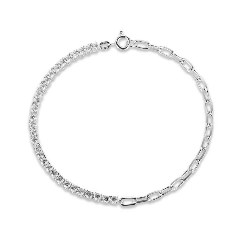 White Lab-Created Sapphire Paperclip Bracelet Sterling Silver 7.25"