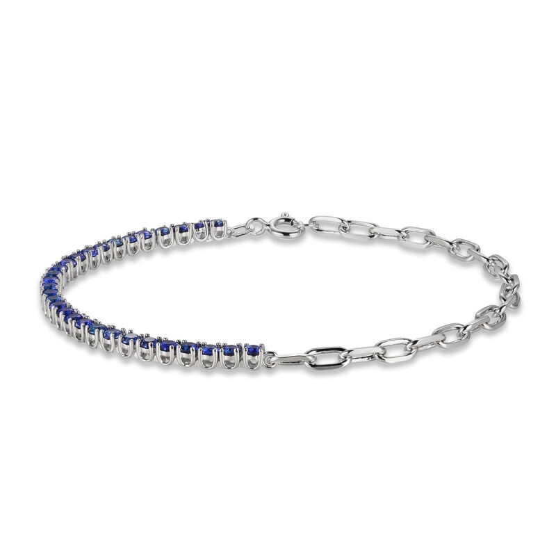 Blue Lab-Created Sapphire Paperclip Bracelet Sterling Silver 7.25"