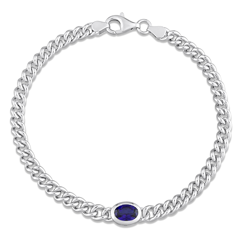 Blue Lab-Created Sapphire Link Chain Bracelet Sterling Silver 7.5"