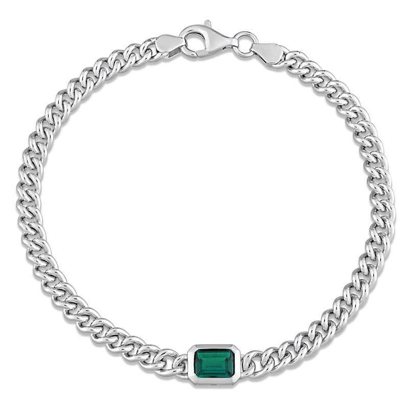 Lab-Created Emerald Link Chain Bracelet Sterling Silver 7.5"