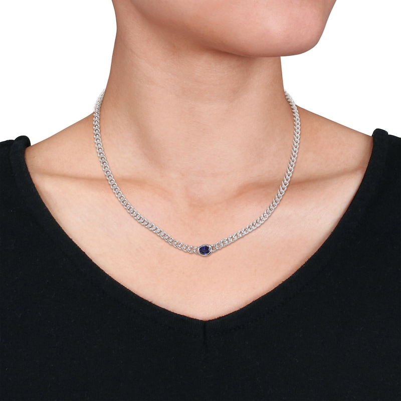 Main Image 3 of Blue Lab-Created Sapphire Link Chain Necklace Sterling Silver 16&quot;
