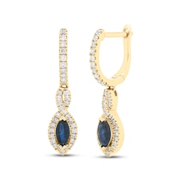 Blue Sapphire & Diamond Dangle Hoop Earrings 1/5 ct tw Round-cut 10K Yellow Gold