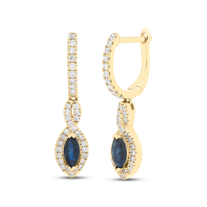 Main Image 1 of Blue Sapphire & Diamond Dangle Hoop Earrings 1/5 ct tw Round-cut 10K Yellow Gold