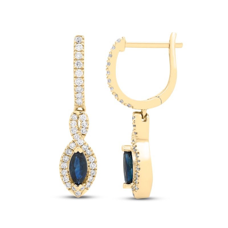 Main Image 2 of Blue Sapphire & Diamond Dangle Hoop Earrings 1/5 ct tw Round-cut 10K Yellow Gold