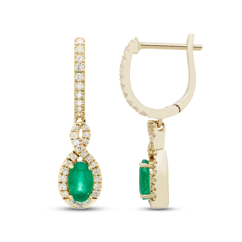 Main Image 2 of Emerald & Diamond Dangle Hoop Earrings 1/5 ct tw Round-cut 10K Yellow Gold