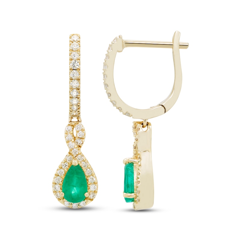 Main Image 2 of Emerald & Diamond Dangle Hoop Earrings 1/5 ct tw Round-cut 10K Yellow Gold