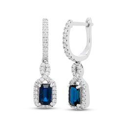 Blue Sapphire & Diamond Dangle Hoop Earrings 1/5 ct tw Round-cut 10K White Gold