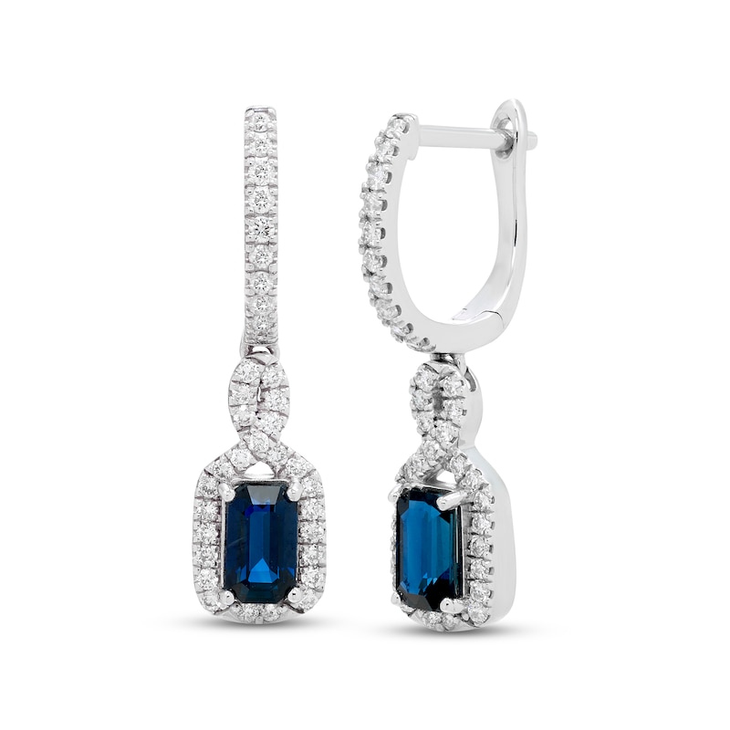 Main Image 1 of Blue Sapphire & Diamond Dangle Hoop Earrings 1/5 ct tw Round-cut 10K White Gold