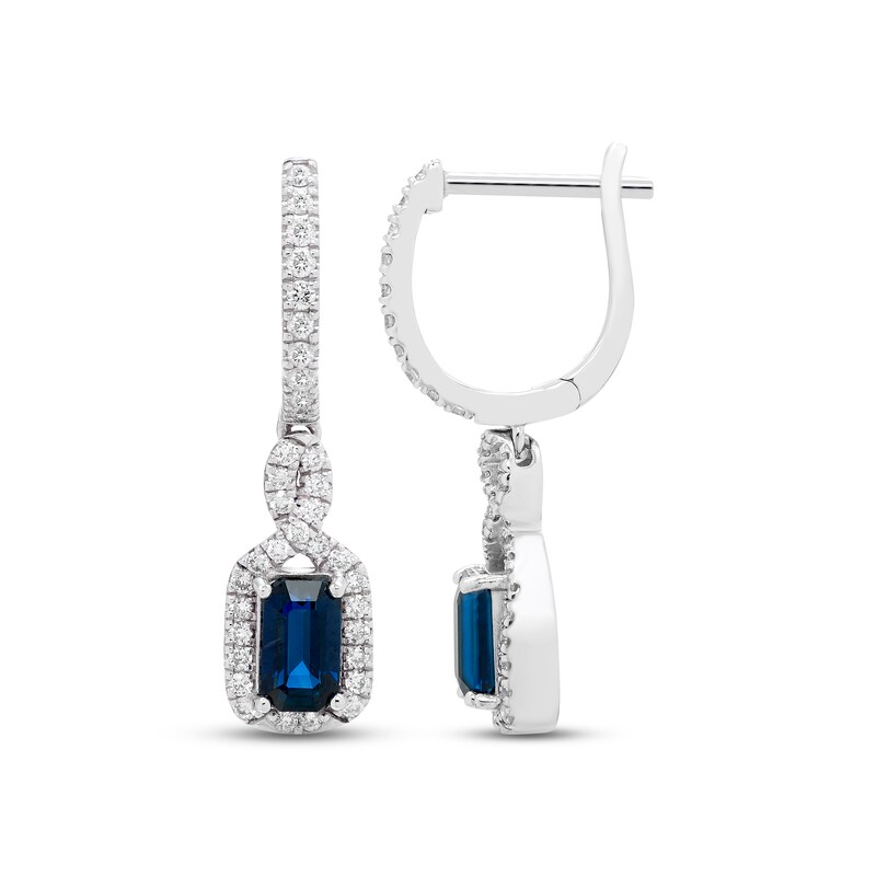 Main Image 2 of Blue Sapphire & Diamond Dangle Hoop Earrings 1/5 ct tw Round-cut 10K White Gold