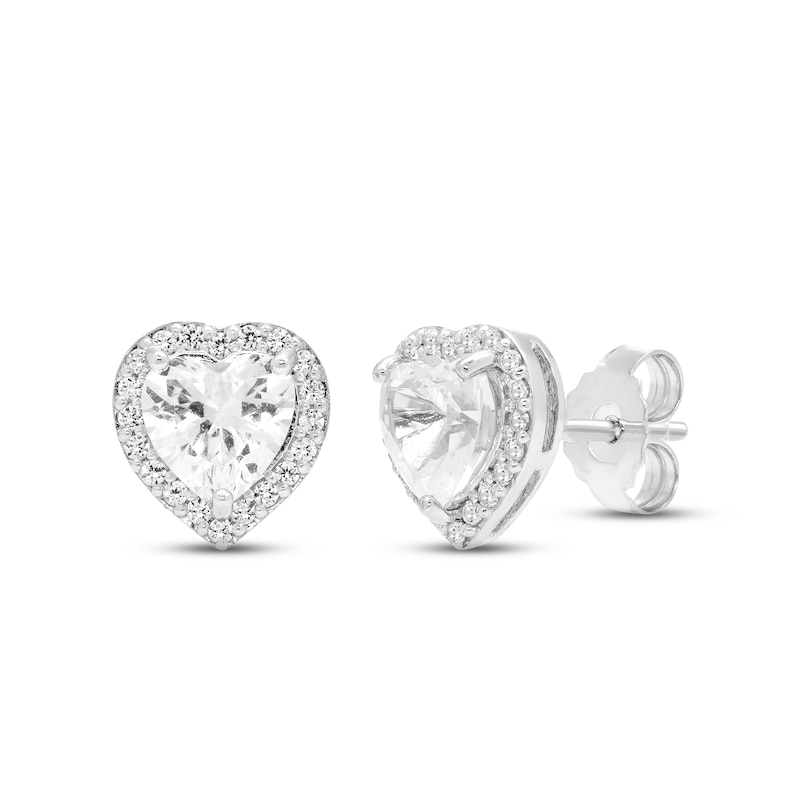 Main Image 1 of White Lab-Created Sapphire Heart Stud Earrings Sterling Silver