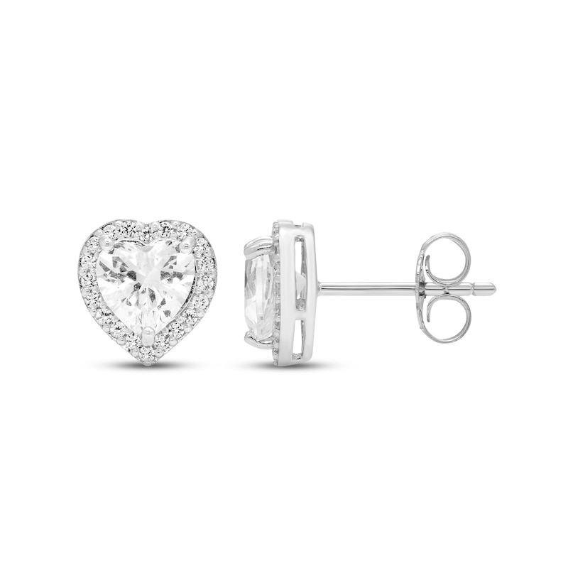 Main Image 2 of White Lab-Created Sapphire Heart Stud Earrings Sterling Silver