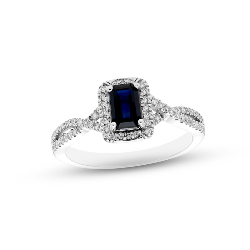 Main Image 1 of Blue Sapphire & Diamond Ring 1/6 ct tw Round-cut 10K White Gold