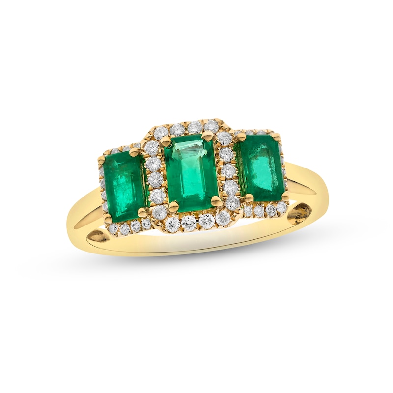 Main Image 1 of Emerald & Diamond Three-Stone Ring 1/6 ct tw Round-cut 10K Yellow Gold