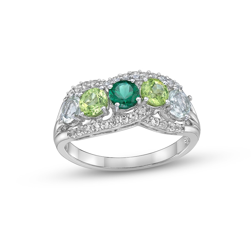 Vibrant Shades Green Quartz, Peridot, Lab-Created Emerald & White Lab-Created Sapphire Ring Sterling Silver