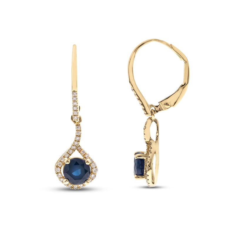 Main Image 1 of Blue Sapphire & Diamond Dangle Earrings 1/5 ct tw Round-cut 10K Yellow Gold