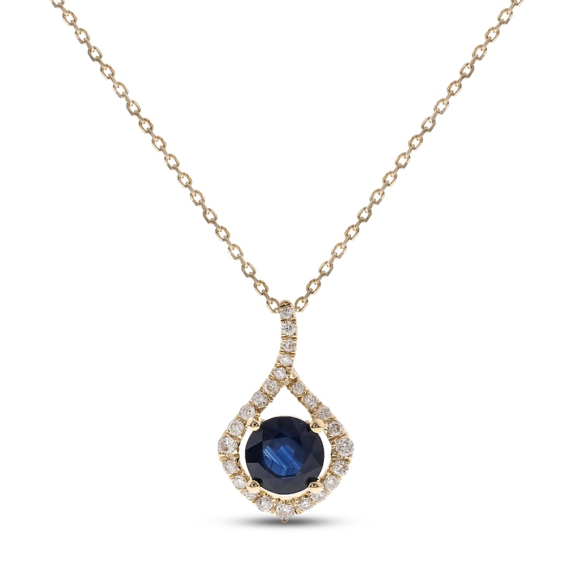 Main Image 1 of Blue Sapphire & Diamond Drop Necklace 1/8 ct tw Round-cut 10K Yellow Gold 18&quot;