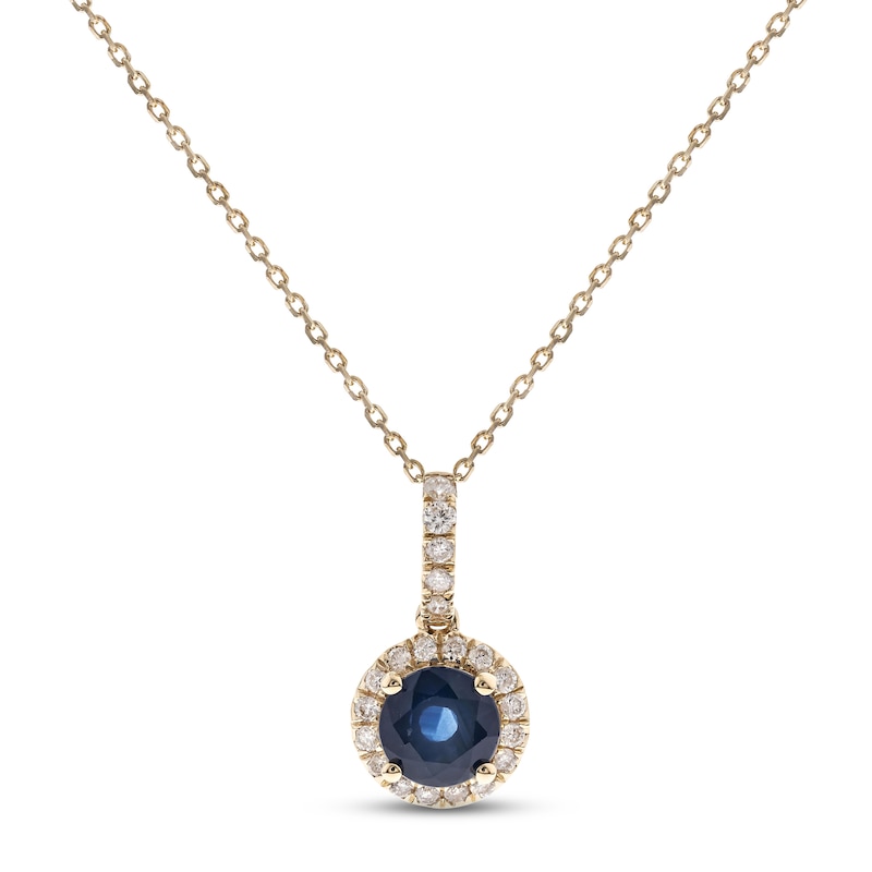 Main Image 1 of Blue Sapphire & Diamond Drop Necklace 1/8 ct tw Round-cut 10K Yellow Gold 18&quot;