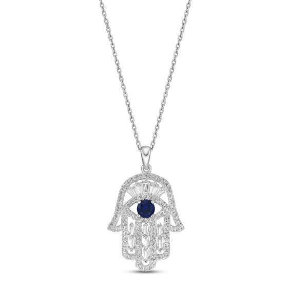 Blue & White Lab-Created Sapphire Hamsa Necklace Sterling Silver 18"