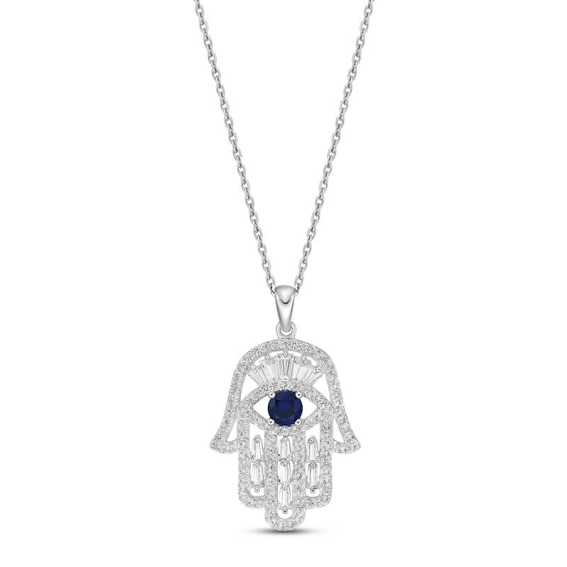 Main Image 1 of Blue & White Lab-Created Sapphire Hamsa Necklace Sterling Silver 18&quot;